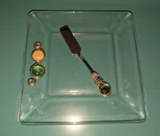 Unique 8" Square Glass Serving Dish Metal & Stone W/Matching Cheese Spreader.