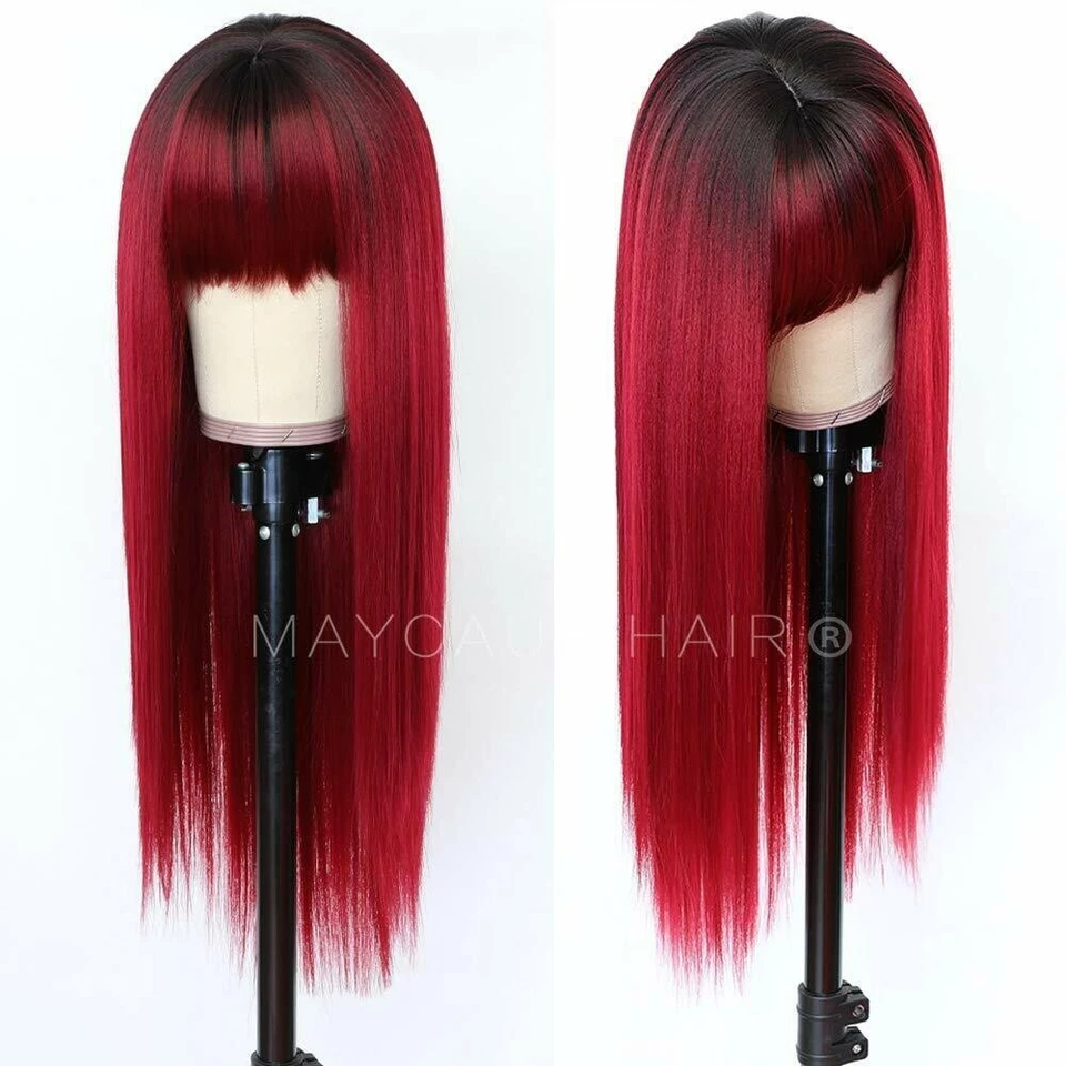 Long Ombre Red Synthetic Hair Wigs Full Bangs Heat Resistant Cosplay Party Wig - Image 2 of 4