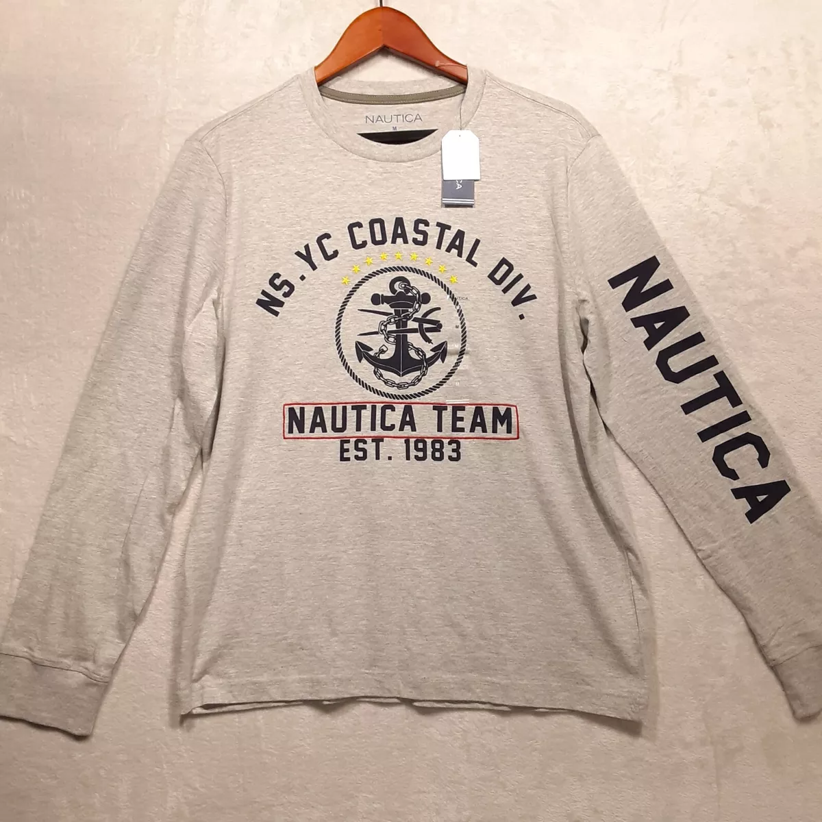 NAUTICA JEANS CO. Mens Graphic Long Sleeve T-Shirt  Sz.Medium/Gray/Anchor/Coastal