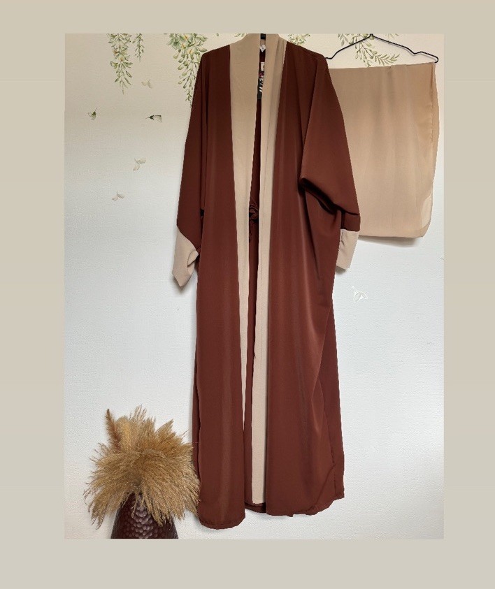 Brown Beige 3pcs Abaya Inner Slip With Hijab Maxi Dress Muslim