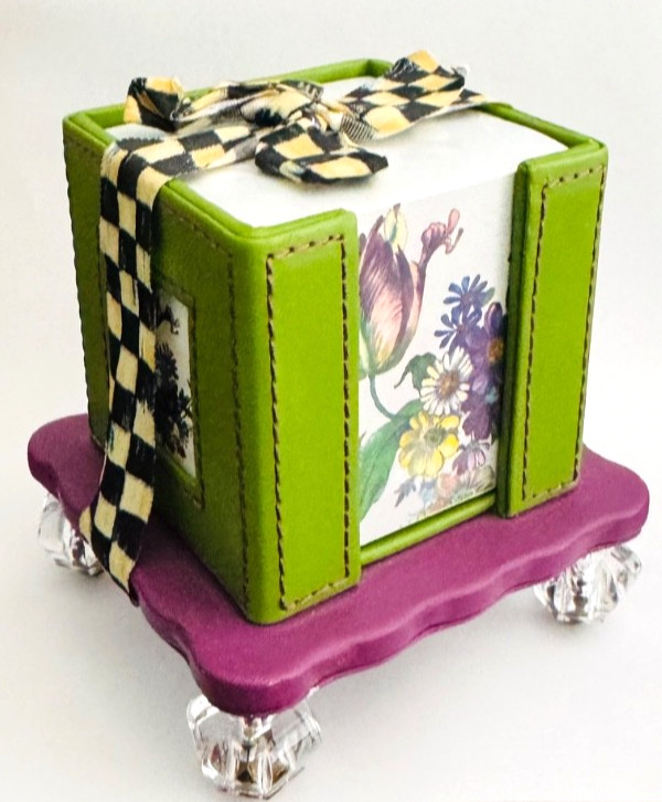 NEW Mackenzie Childs Flower Market LEATHER NOTE PAD CUBE & PAPER Dispenser