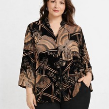 Citron Santa Monica Womens Velvet Burnout Blouse 1X  Black  Tan Art Print Plus