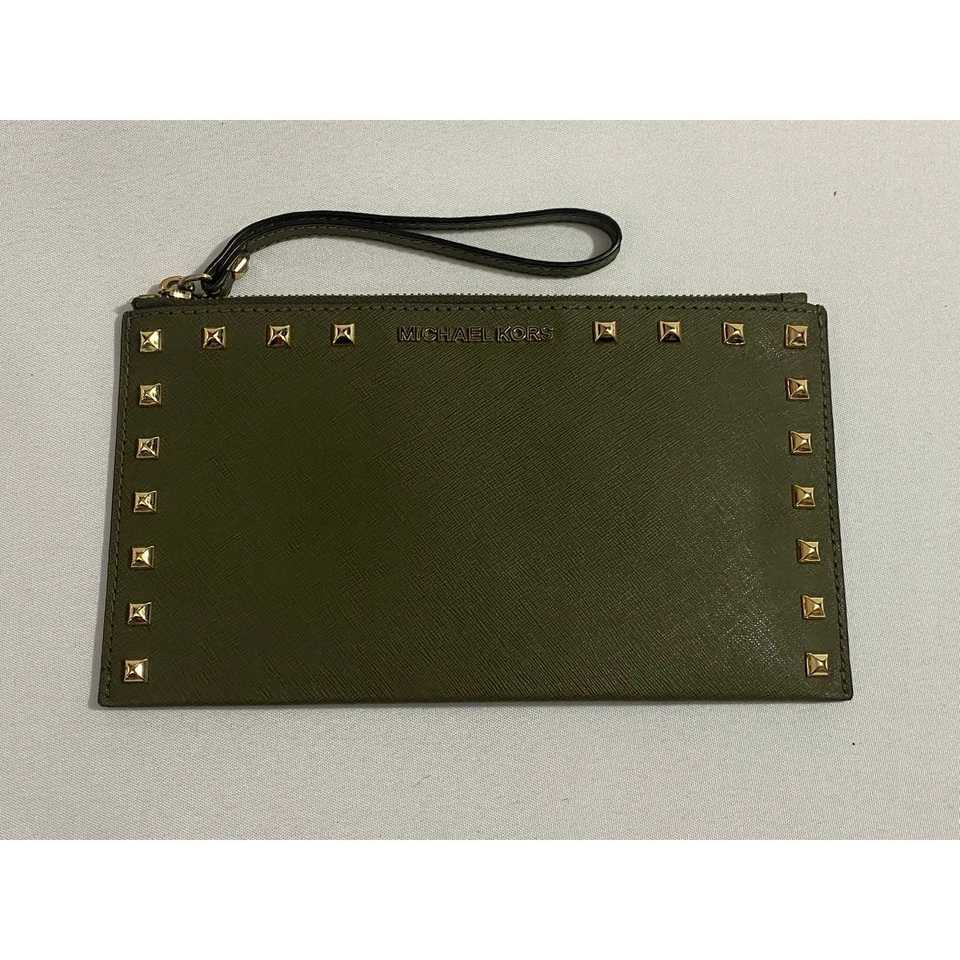 Michael Kors Sandrine Stud Leather Large Zip Clutch/wristlet in Pale Gold