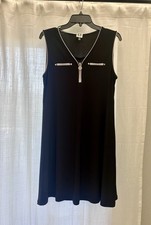 Anne Klein Black White V-Neck Sleeveless Zip Knee A-Line Dress Logo Accent