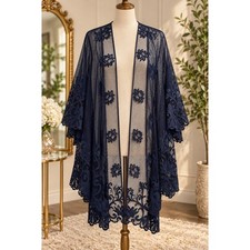 Navy blue lace kimono with floral embroidery, women  s size M. New with tags.