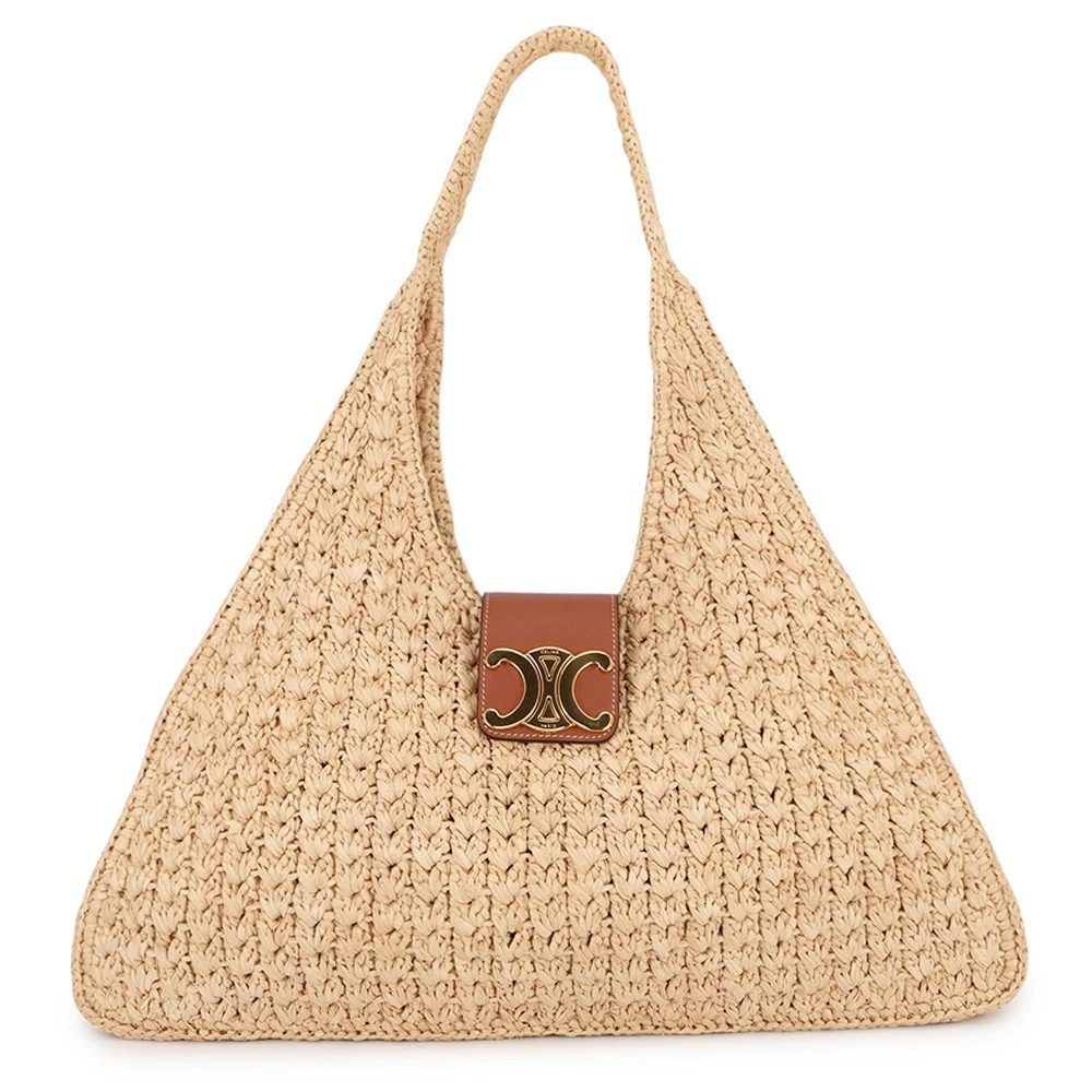 Celine — CELINE Cabas Triomphe Triangle Basket Bag Raffia/Leather Brown 119772GP4.02NT
