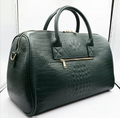 Tote & Carry Dark Green Crocodile Embossed Weekend Bag With Gold Hardware 