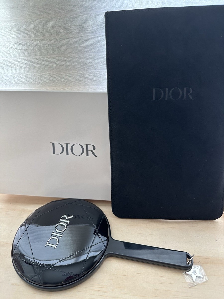 Christian Dior Quilted Hand Mirror Black Novelty w/Case Pouch