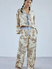 Women's Toile Print Satin Pajama Set With Ribbon Tie And Wide Leg Pants