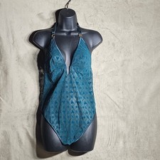 Victoria's Secret Teal Blue Velvet Flocked Mesh Teddy Bodysuit XL NWT