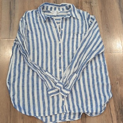 Old Navy Boyfriend Button Front Shirt Blue White Striped Long Sleeve Collared M