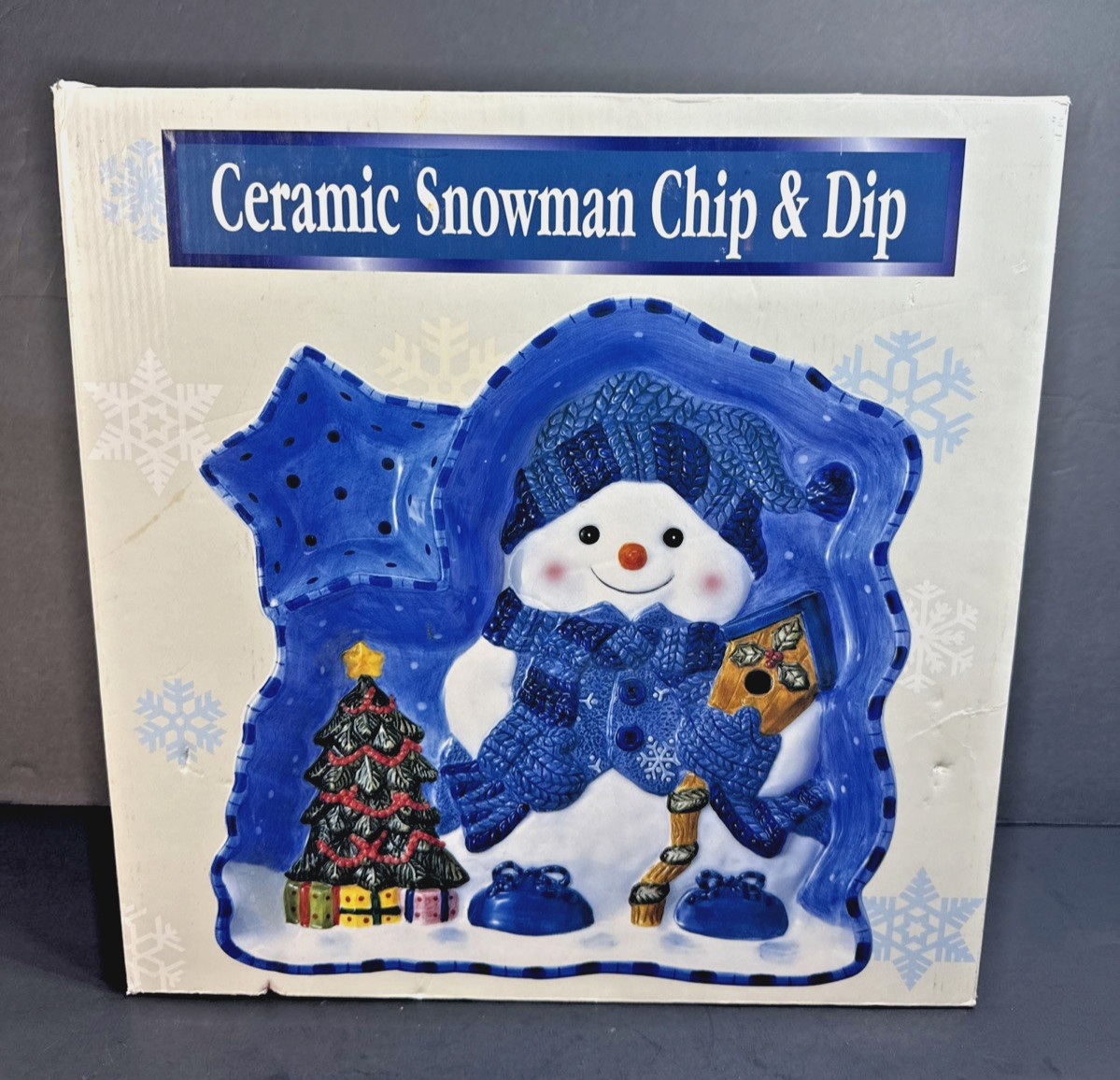 Vtg Mercuries China Hand Painted Snowman Chip & Dip Christmas Platter w/ Box 13"