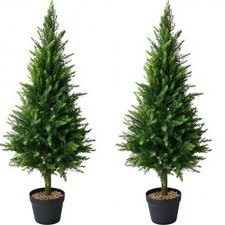 Set of 2 Artificial Cedar Topiary Christmas Trees, 4FT UV-Resistant Faux
