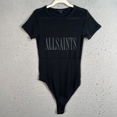 Allsaints Womens Size 0 Black Mesh Short Sleeve Bodysuit 100% Cotton