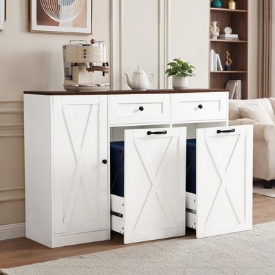 47'' Kitchen Trash Can Cabinet, 25 Gallon Double Pull Out Trash Cabinet W/Drawers