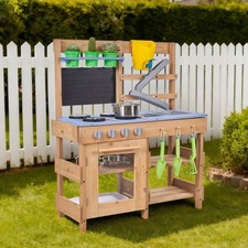 Outdoor Mud Kitchen for Kids 4 Burner Double Sink Water Play Wood Set
