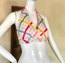Vintage 70s Style Halter Top Tie Back Rainbow Graph Print Reversible Handmade M