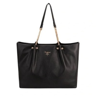 David Jones Black Faux Leather Tote Handbag Chain Strap Zip Top Shoulder Bag