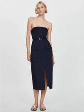 New MNG Mango Belted Strapless Utility Cargo Midi Cotton Dress Size 8