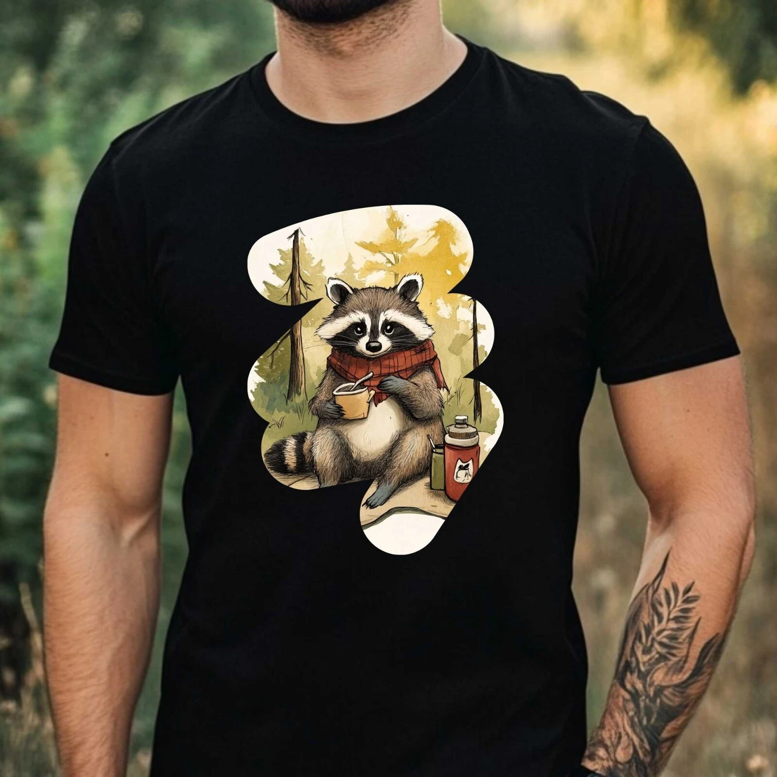 Mens Camping Raccoon Print Cotton T-Shirt Size XS to 5XL