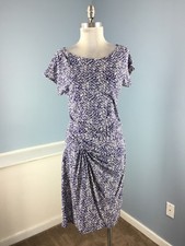 ANN TAYLOR Blue White Print Sheath Faux Wrap dress Stretch Career Casual S EUC