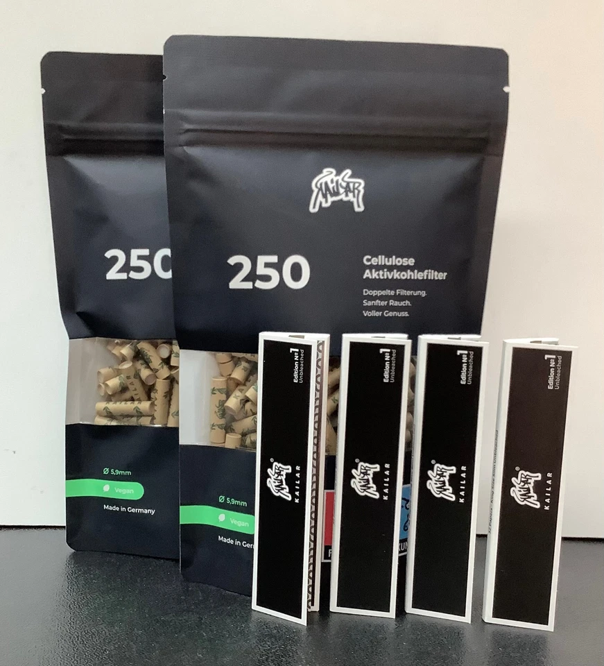 Kailar 2 Beutel - Cellulose Slim Aktivkohlefilter ø 6mm - 500 St. unge + 4x Blät