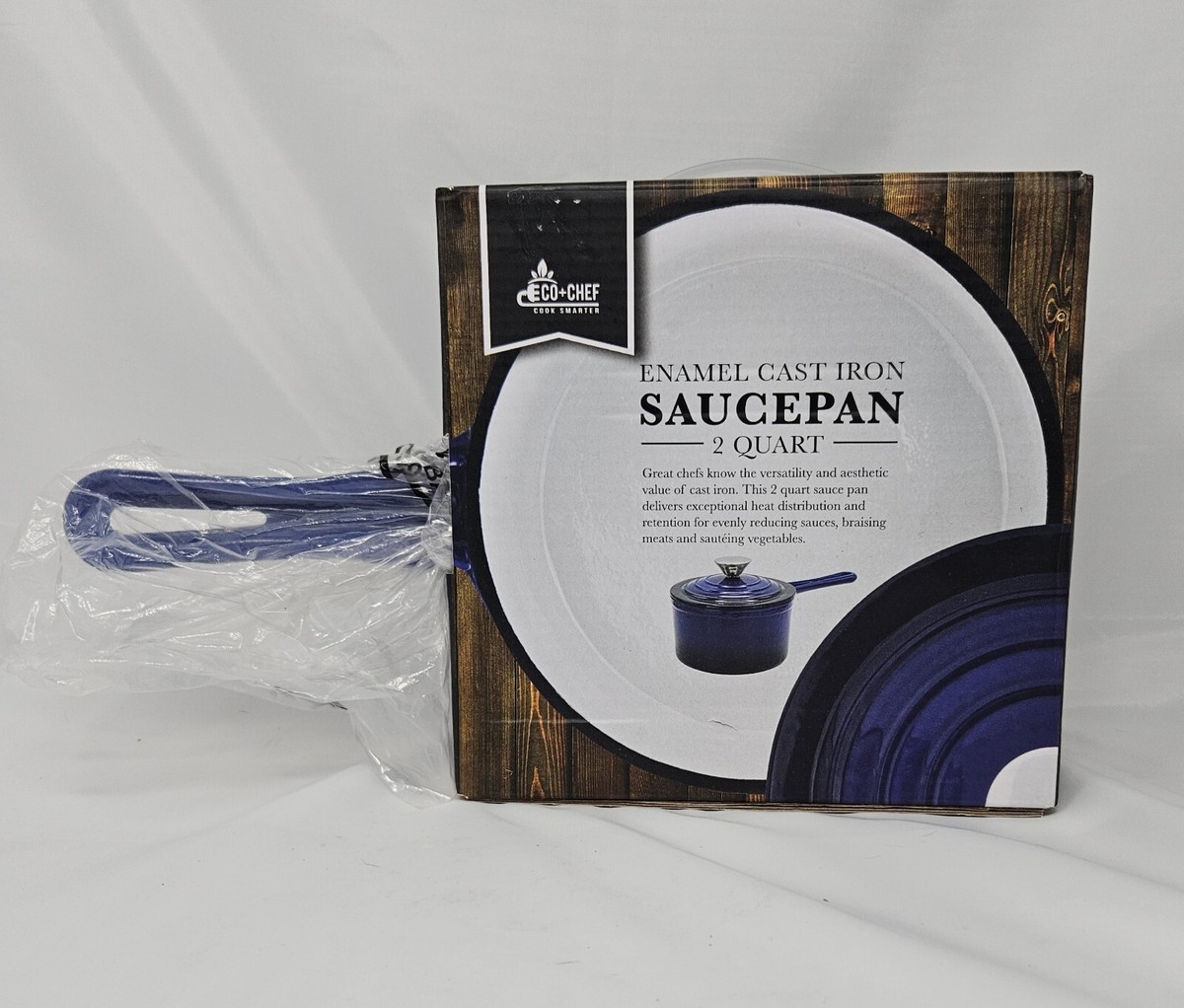 Blue Eco+Chef Enamel Cast Iron Saucepan Quart New Sealed