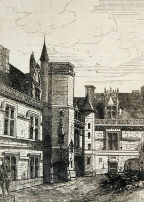 ''La Cour Du Musee De Cluny'' by H. Vignerot French Impressionist Etching 1875
