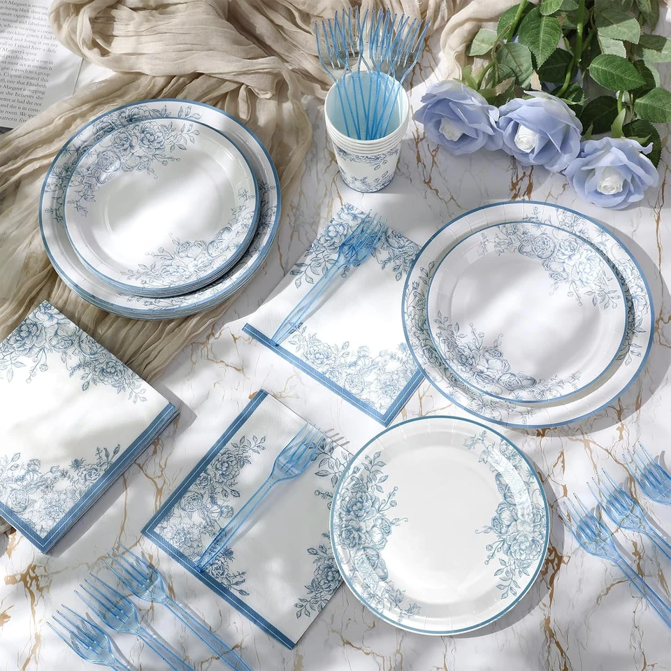120Pcs Blue Floral Paper Plates and Napkins Sets Floral Party Supplies for 24 Gu - Image 4 of 4