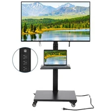 Mobile TV Stand with Power Outlet, 360° Swivel Rolling TV Cart,Height Adjustable