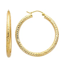 Ioka - 14K Gold 3mm Thickness Diamond Cut Hoop Hinged Earrings