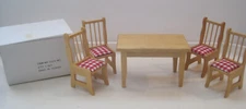 NEW Vtg Dollhouse Table and 4 Padded Chairs Wood Kitchen Dining Room Set Taiwan