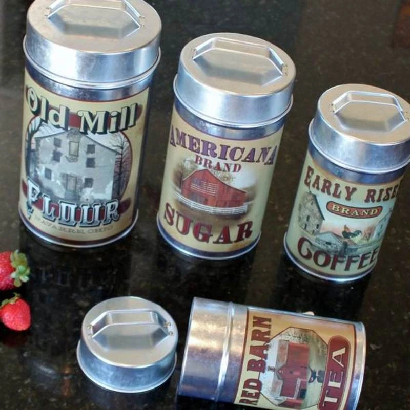 CANISTER SET of 4 Vintage Reproduction OLD FARM BARN ADVERTISEMENT
