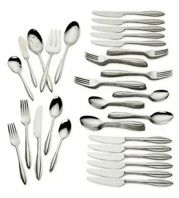 Lenox Sculpt 65 PC Flatware Set Service For 12 & 5PC Hostess Stainless 18/10 NEW
