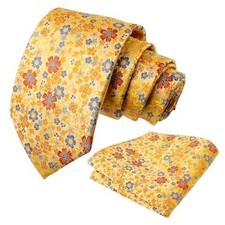 Mens Floral Necktie with Pocket Square for Wedding Party Tie 129-yellow Orange