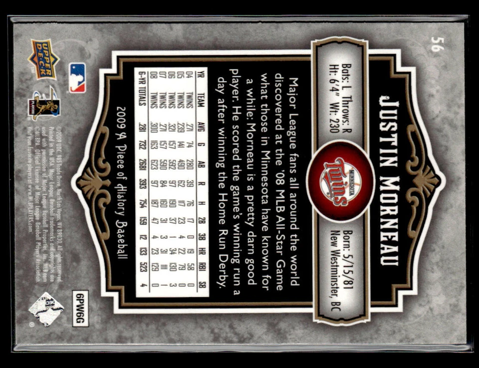 2009 Upper Deck A Piece of History #56 Justin Morneau Card Minnesota Twins - Image 2 of 2