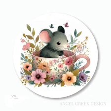 CUTE MOUSE IN FLORAL TEACUP FAVORS SCRAPBOOK STICKERS ENVELOPE SEALS LABELS