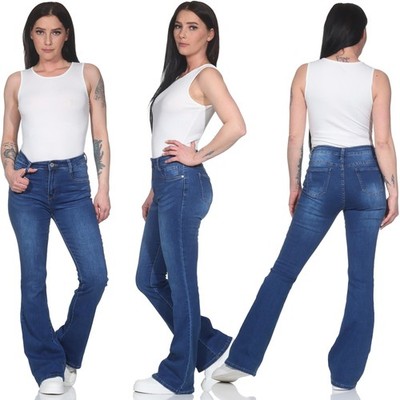 Damen Schlagjeans High Waist Stretch Schlaghose Bootcut Knopfleiste Blau SOTALA