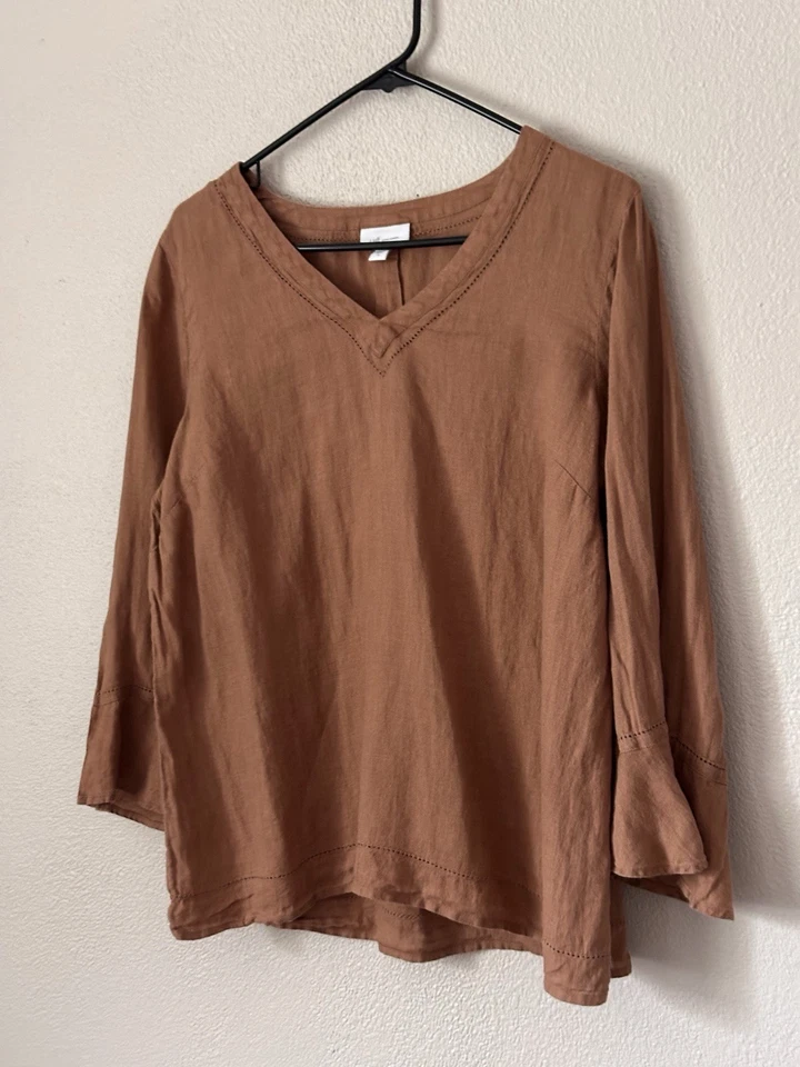 J. Jill Love Linen V-Neck 3/4 Sleeve Casual Top Womens M Camel Brown Basic - Image 2 of 4