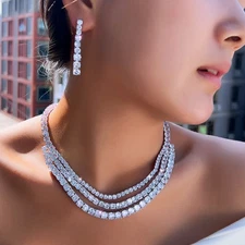 Sparkling Round CZ Long Multi Layer Tennis Wedding Necklace Earrings Jewelry Set