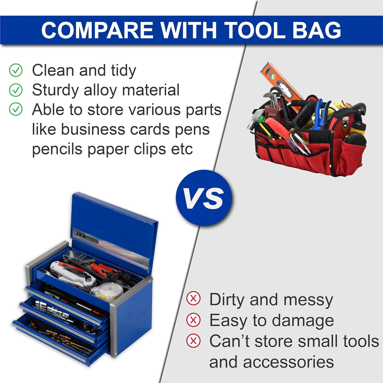 P.I.T. Mini Blue Tool Box, Portable 3 Drawer Steel Tool Box with Magnetic Tab Lo