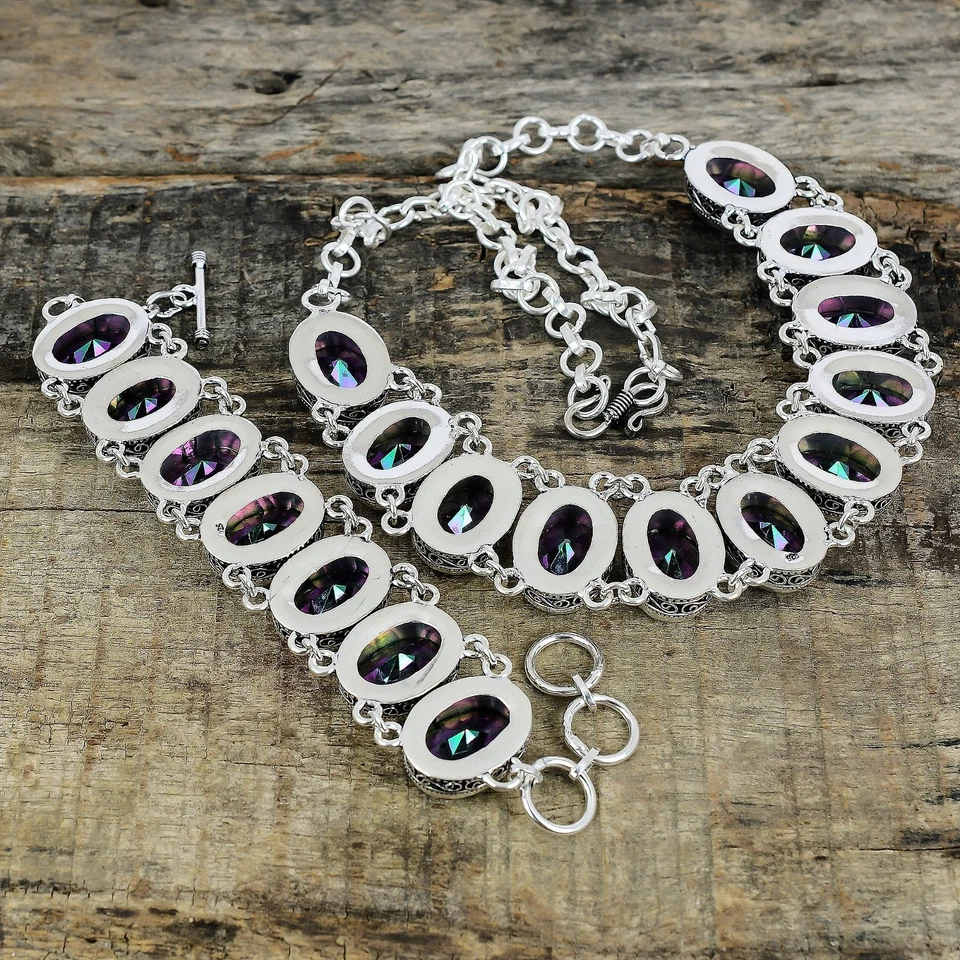 Topazio Mistico Gemma 925 Argento Sterling Mano Gioielli Collana Bracciale Set - Immagine 4 di 4