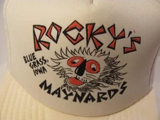 Rocky's Maynards Trucker Hat Mens White Vtg Snapback Adjusts Blue Grass Iowa Cap