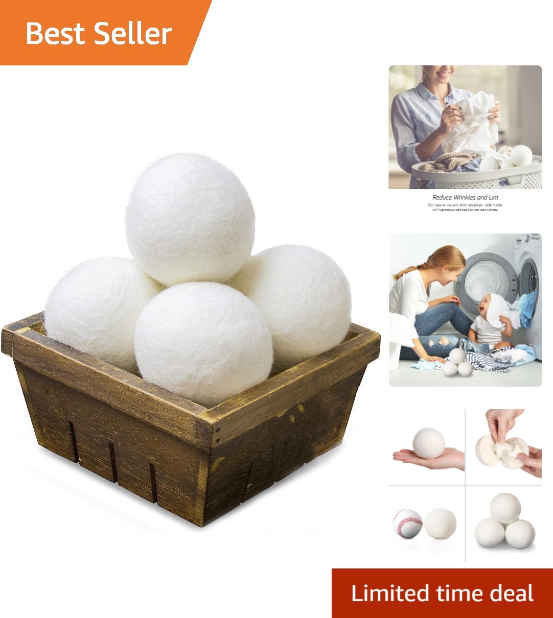 Eco-Friendly XL Wool Dryer Balls - Reduce Wrinkles & Dry Clothes Faster, 4 Count