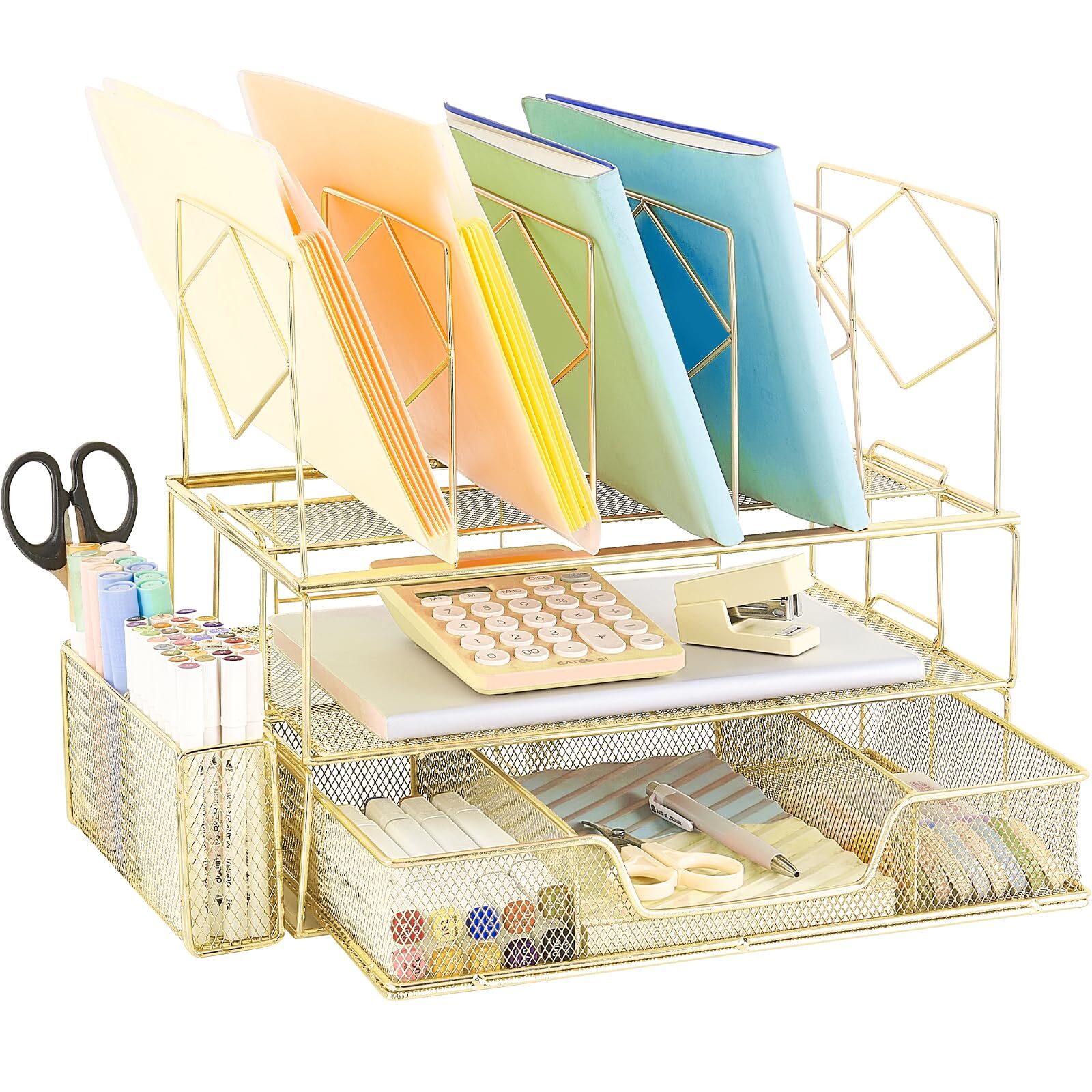Gold Double Tray 5-Section Cute Desk Organizer with Pencil Holder Drawer-image
