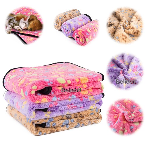 Pet Blanket Cat Dog Puppy Soft Warm Fleece Bed Mat Cushion Small Large Paw Print - Picture 1 of 13