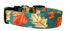 Vibrant Teal Autumn Oak  Maple Leaves Handmade Dog Collar
