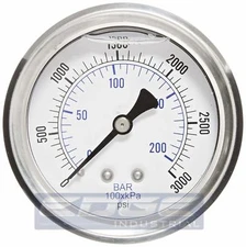 LIQUID FILLED PRESSURE GAUGE 0-3000 PSI, 2.5" FACE, 1/4" BACK MOUNT WOG