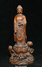 7.8" Chinese Boxwood Carving Lotus Shakyamuni Sakyamuni Amitabha Buddha Statue