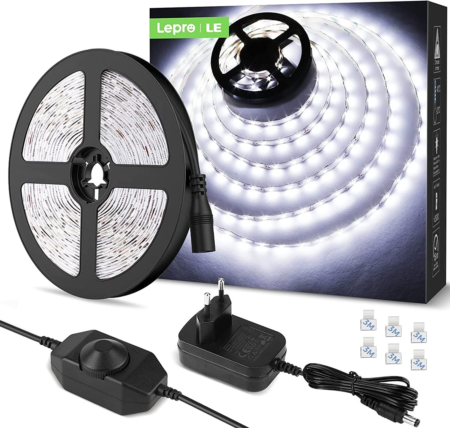 Bandeau LED 5M 12V 6000K Dimmable avec 300 LED SMD 2835 Kit Ruban Lumineux Variateur 1200LM